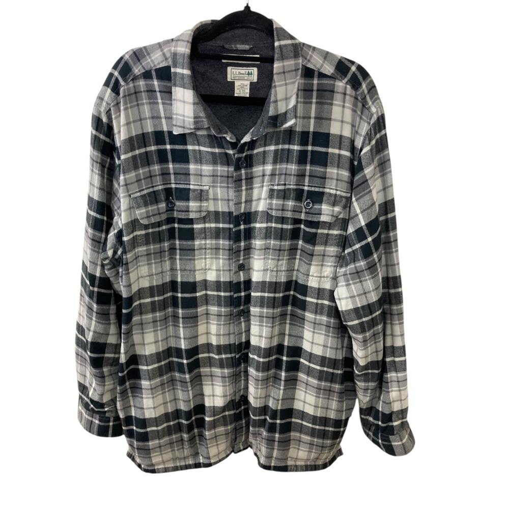 LL Bean Shirt XL Gray Plaid Flannel Plush Fleece Lined Shacket Traditional Fit